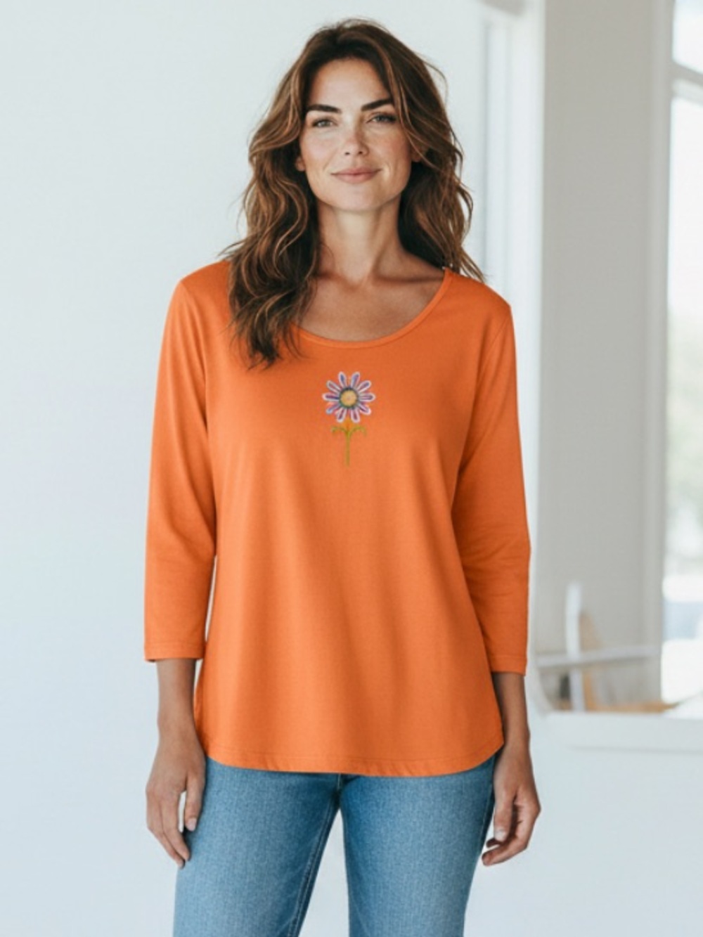 Bob Mackie Orange Long Sleeve Tee with Center Floral Embroidery